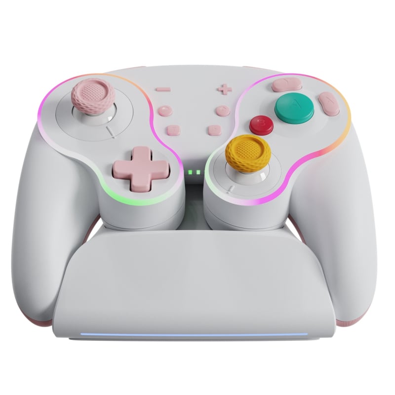 Геймпад с база за безжично зареждане и механични бутони, Bluetooth, за Switch, PC, Android и таблети, с вибрация