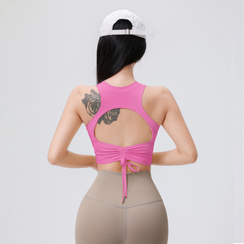 Ženski joga top s umetkom za grudni koš, otvorenim leđima, šnira, materijal najlon/elastan 76,8%/23,2%, ljeto 2025