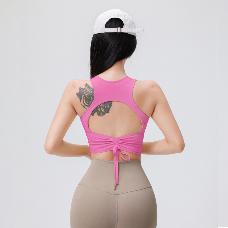 Ženski joga top s umetkom za grudni koš, otvorenim leđima, šnira, materijal najlon/elastan 76,8%/23,2%, ljeto 2025
