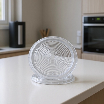 Οπτικός φακός υψηλής απόδοσης για βιομηχανικούς/ορυχεια LED λαμπτήρες, UFO δαχτυλίδι-κόκκων σχεδίασης, δέσμη 60-90°, διαπερατότητα 92%, μοντέλο UFO-a-100w-150w-200w, κύριο υλικό PCS