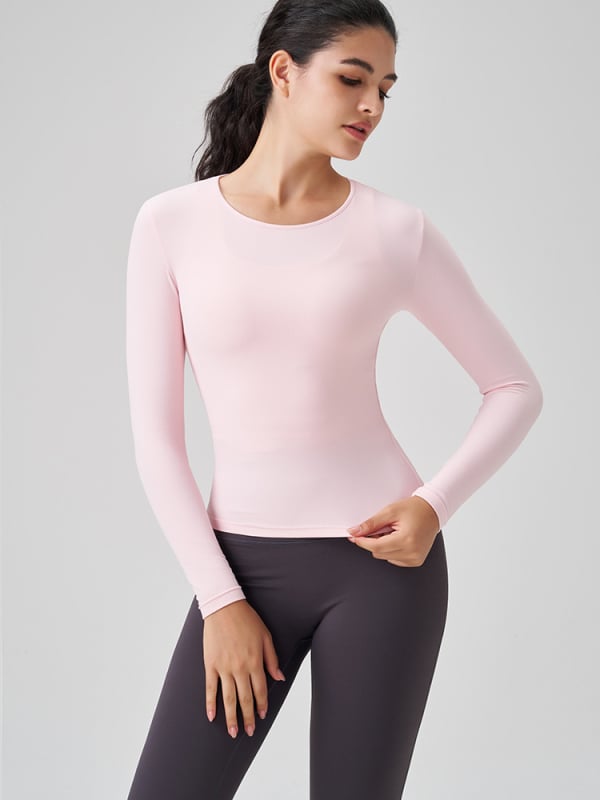 Γυναικειό μακρύρραυχο αθλητικό τοπ με στρογγυλό λαιμό – στενή γραμμή, διαπνέουσα νάιλον-σπάντεξ 91%/9%, μήκος στους γοφούς, για τρέξιμο, γυμναστική και γιόγκα