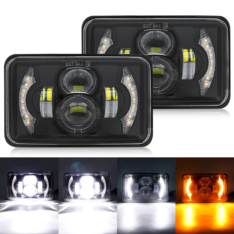 LED prednja svjetla za automobil s visokim i niskim snopom, bijelo svjetlo + bijelo-žuti halo, kvadratni 5-inčni, 4 LED dnevna svjetla u stilu mjeseca