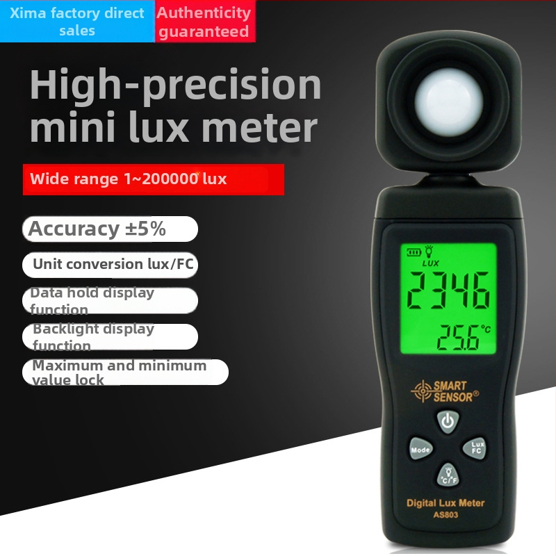 AS803 digitálny luxmeter, fotometrický detektor, priemyselný lumenmeter, napájanie 3× AAA batériami, značka Hima