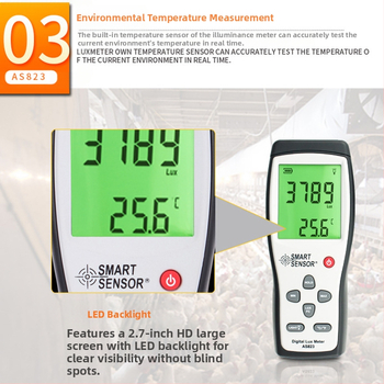 AS823 digitálny meter osvetlenia, ručný, Hima; rozsah 1–200 000 lux; rozlíšenie 1 lux; vzorkovanie 2 s; napájanie 9V batéria