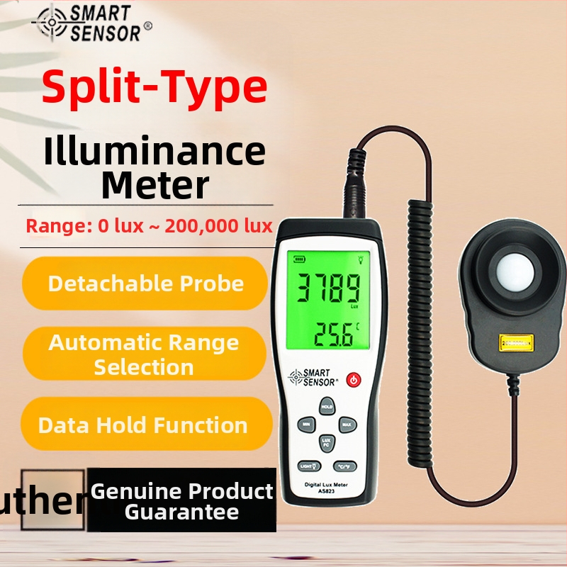 AS823 digitálny meter osvetlenia, ručný, Hima; rozsah 1–200 000 lux; rozlíšenie 1 lux; vzorkovanie 2 s; napájanie 9V batéria