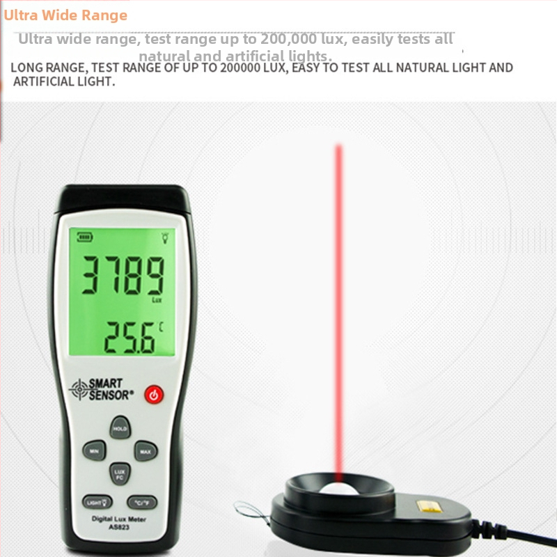 AS823 digitálny meter osvetlenia, ručný, Hima; rozsah 1–200 000 lux; rozlíšenie 1 lux; vzorkovanie 2 s; napájanie 9V batéria