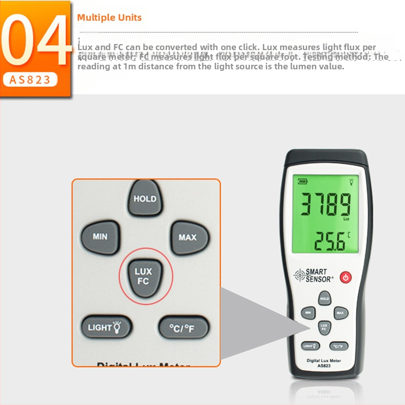 AS823 digitálny meter osvetlenia, ručný, Hima; rozsah 1–200 000 lux; rozlíšenie 1 lux; vzorkovanie 2 s; napájanie 9V batéria