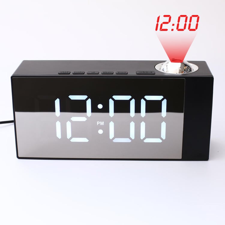 Ρολόι γραφείου με μεγάλη LED ψηφιακή οθόνη και επιφάνεια καθρέφτη — θερμόμετρο, νυχτερινό φως, ημερολόγιο με μήνα, 24ωρη ένδειξη, εξωτερική τροφοδοσία