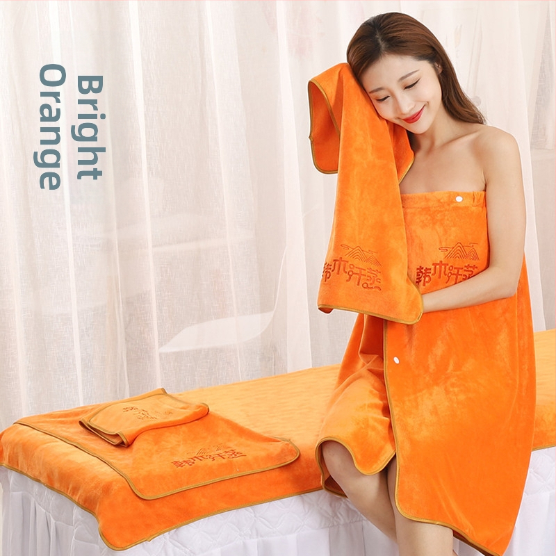 Päťdielny luxusný set uterák pre kozmetický salón: uterák na tvár, uterák na vankúš, šatka na hlavu, posteľný uterák a uterák do kúpeľa. Materiál: superfínne vlákno; Hmotnosť: 420 g; Značka: Muyang; Spracovanie vlákien: lomľené farebné vlákno; Tlač loga: k