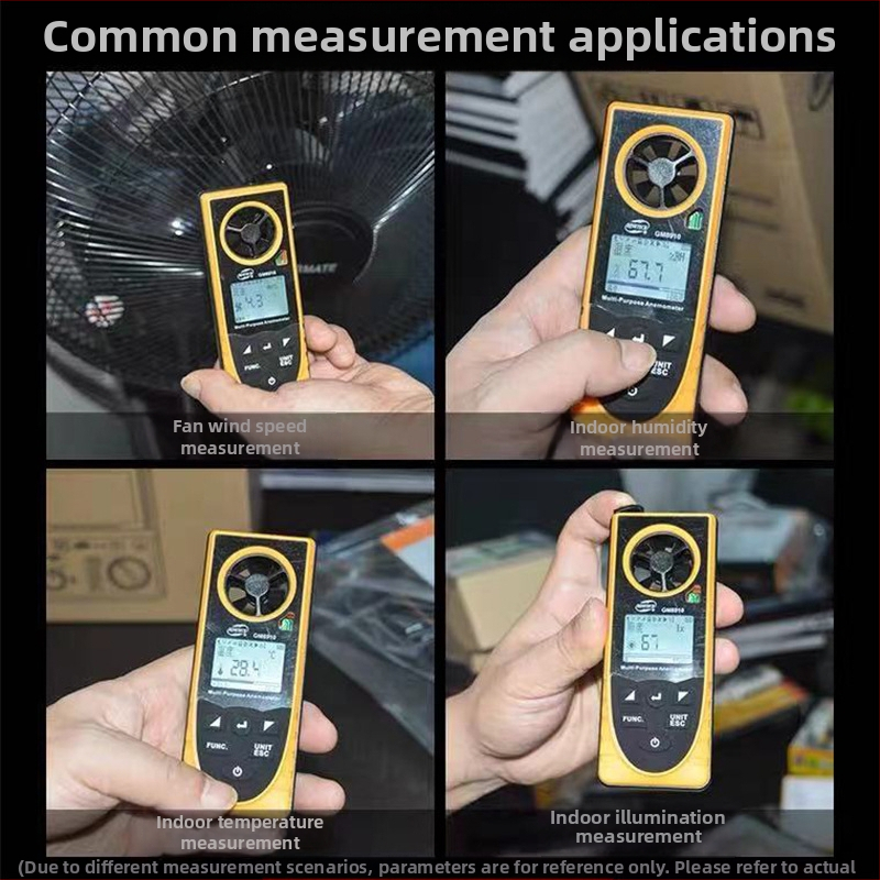 GM8910 Digitálny anemometer – meria rýchlosť vetra, teplotu a vlhkosť, atmosférický tlak a osvetlenie; rozsah rýchlosti 0.7-30 m/s, rozlíšenie 0.1 m/s, presnosť ±3 m/s, napájanie 3V