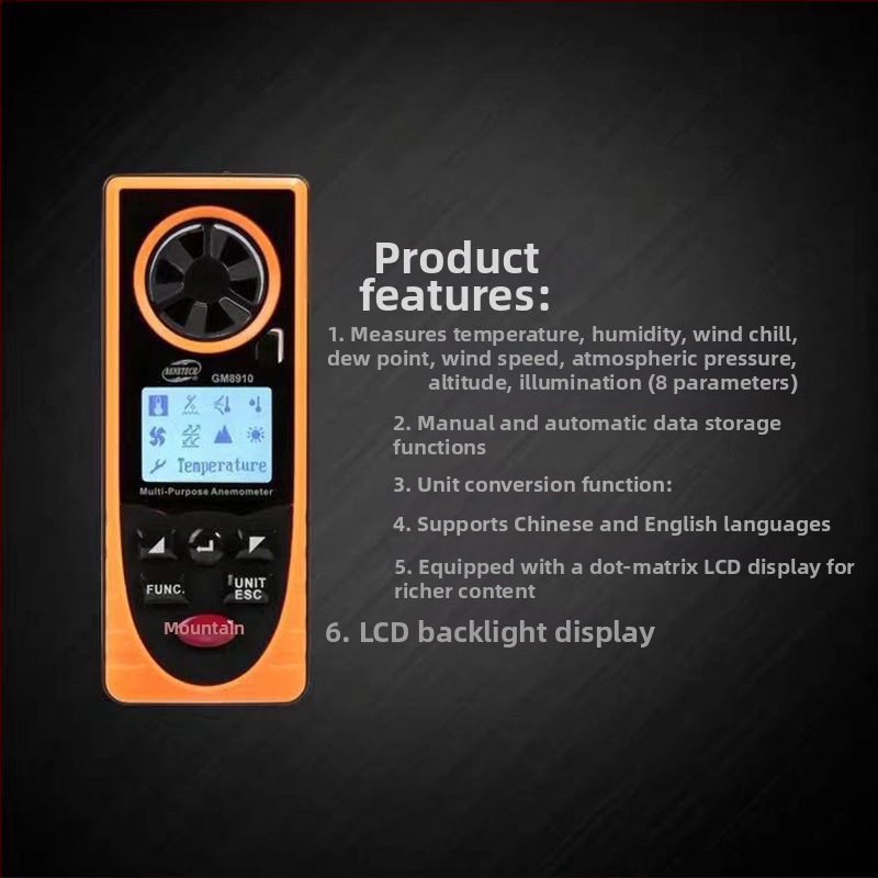 GM8910 Digitálny anemometer – meria rýchlosť vetra, teplotu a vlhkosť, atmosférický tlak a osvetlenie; rozsah rýchlosti 0.7-30 m/s, rozlíšenie 0.1 m/s, presnosť ±3 m/s, napájanie 3V