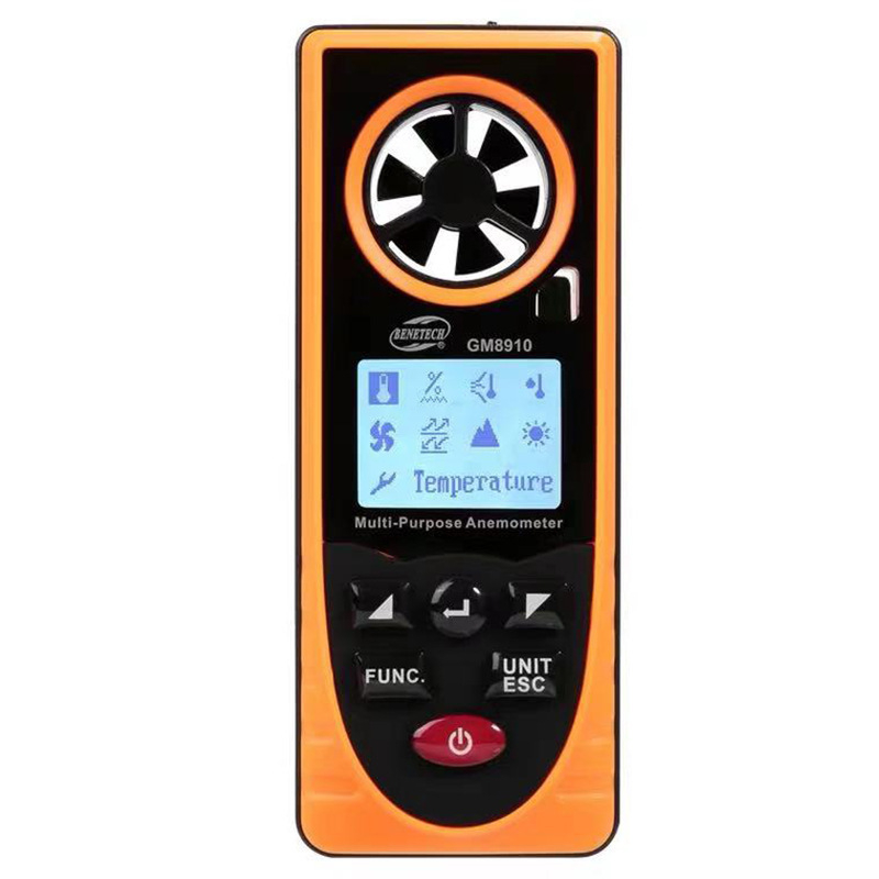 GM8910 Digitális anemométer – méri a szélsebességet, a hőmérsékletet és a páratartalmat, a légköri nyomást és a megvilágítást; szélsebesség tartomány 0.7-30 m/s, felbontás 0.1 m/s, pontosság ±3 m/s, tápegység 3V