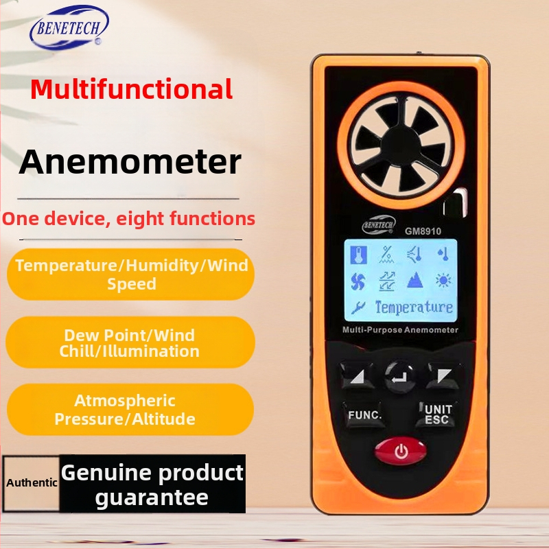 GM8910 Digitálny anemometer – meria rýchlosť vetra, teplotu a vlhkosť, atmosférický tlak a osvetlenie; rozsah rýchlosti 0.7-30 m/s, rozlíšenie 0.1 m/s, presnosť ±3 m/s, napájanie 3V