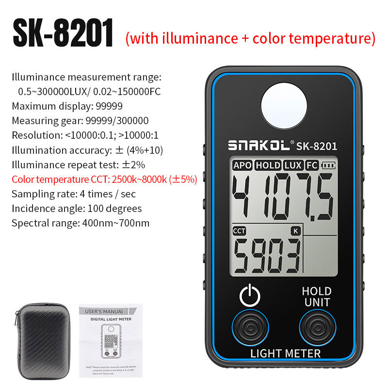 SK-8202/8201/8200 szín- és megvilágításmérő – digitális, hordozható, akkumulátoros