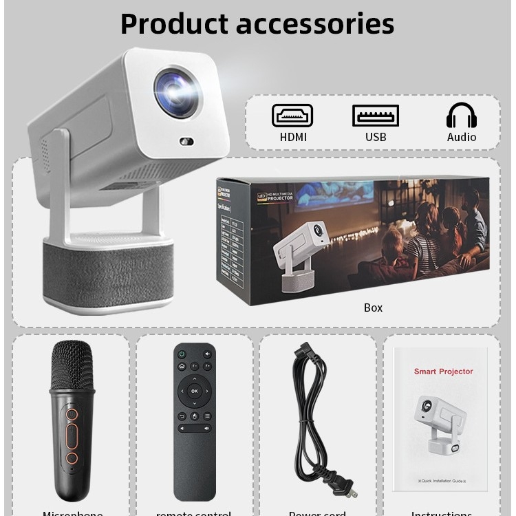 Kültéri Karaoke projektor két mikrofonnal, minden-az-egyben otthoni mozi, 1080P hordozható projektor, 150 hüvelykes vetítés, 30W, WiFi 2.4/5G