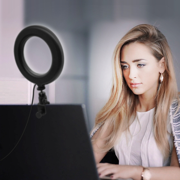 Prenosné kruhové svetlo pre videokonferencie, USB napájanie, 5W LED, RGB, 3000–6000K, nastaviteľná jas, 1/4-palcový závit.