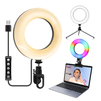 Prenosné kruhové svetlo pre videokonferencie, USB napájanie, 5W LED, RGB, 3000–6000K, nastaviteľná jas, 1/4-palcový závit.