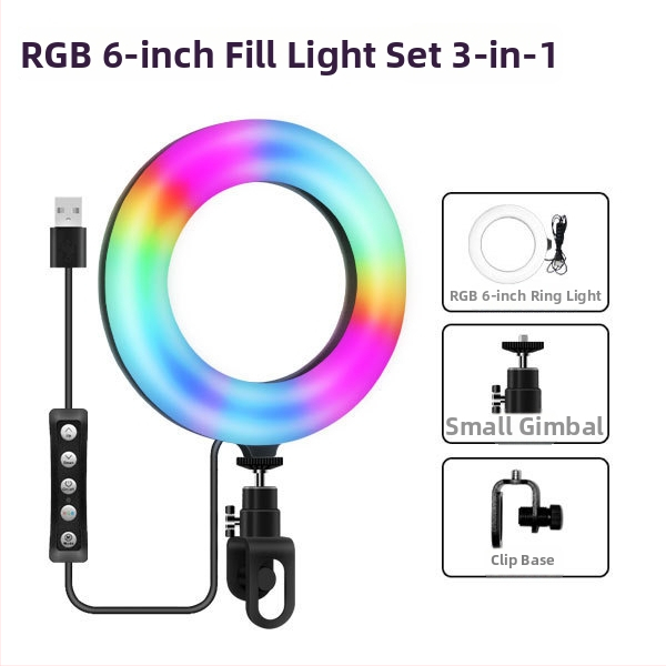 Prenosné kruhové svetlo pre videokonferencie, USB napájanie, 5W LED, RGB, 3000–6000K, nastaviteľná jas, 1/4-palcový závit.