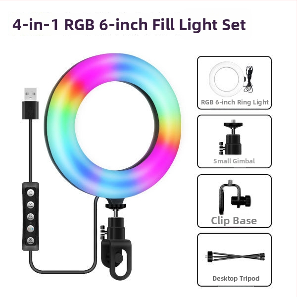 Prenosné kruhové svetlo pre videokonferencie, USB napájanie, 5W LED, RGB, 3000–6000K, nastaviteľná jas, 1/4-palcový závit.