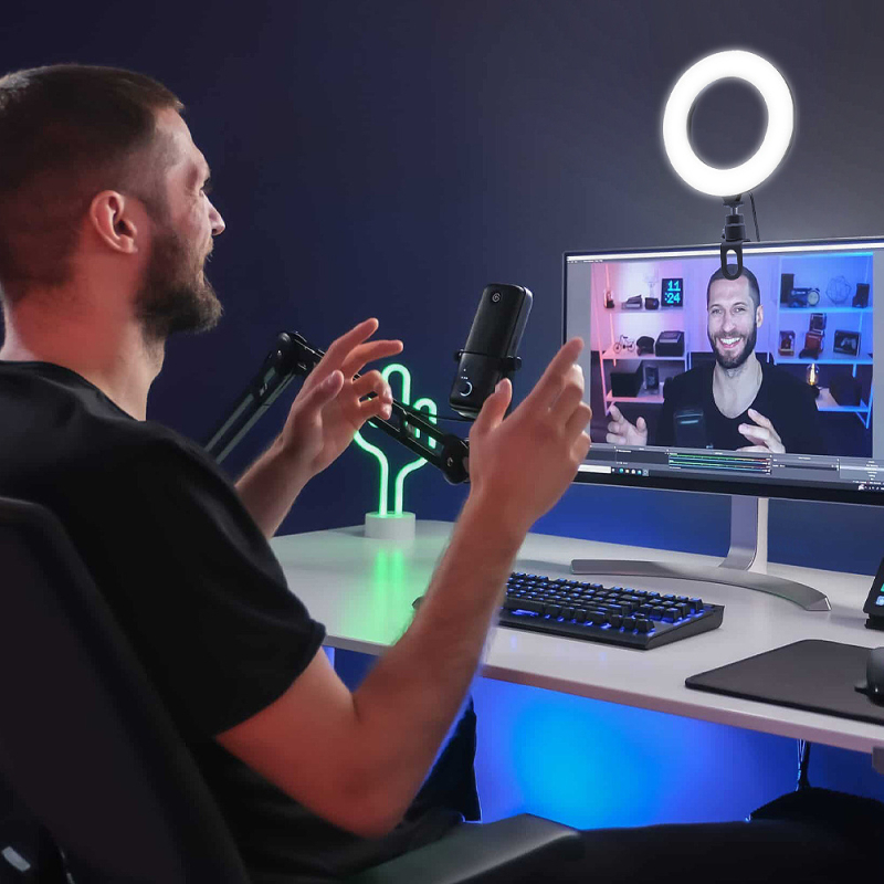 Prenosné kruhové svetlo pre videokonferencie, USB napájanie, 5W LED, RGB, 3000–6000K, nastaviteľná jas, 1/4-palcový závit.