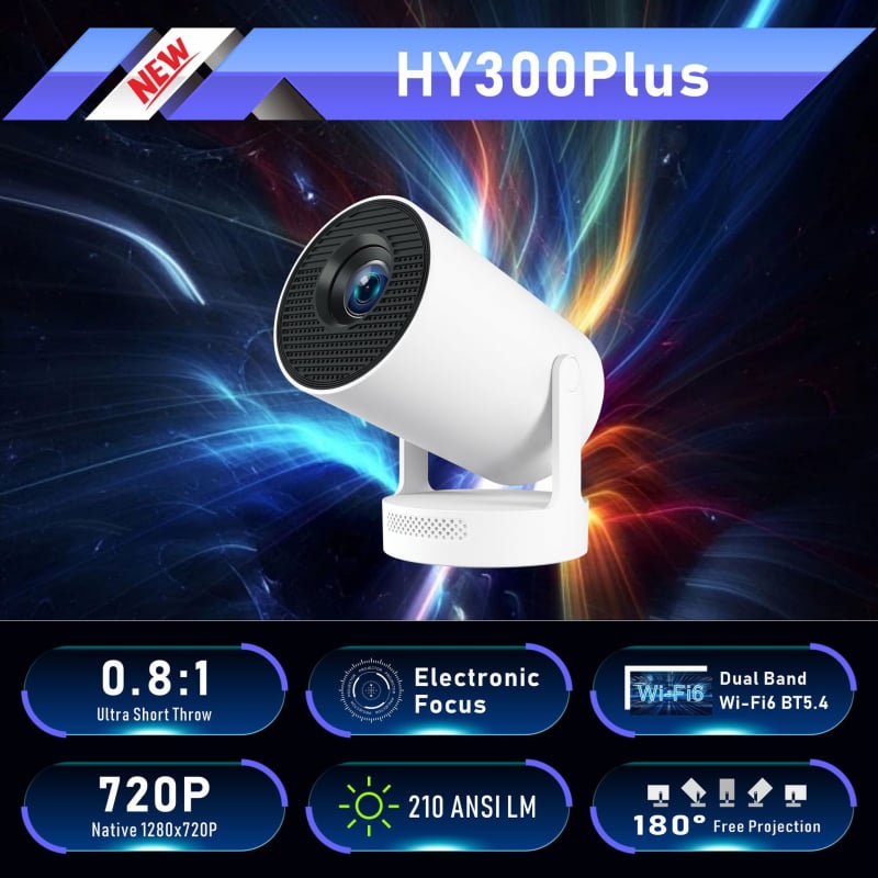 HY300Plus Kućni projektor s elektroničkim fokusom i kratkim dometom projekcije, 1280×720 (720p), jas 210, snaga 48W