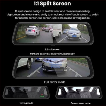 10-palcový dash cam pre spätné zrkadlo s dvojitým objektívom, predný a zadný, 1080p HD video, 170° uhol záberu, slučkové nahrávanie a monitorovanie parkovania