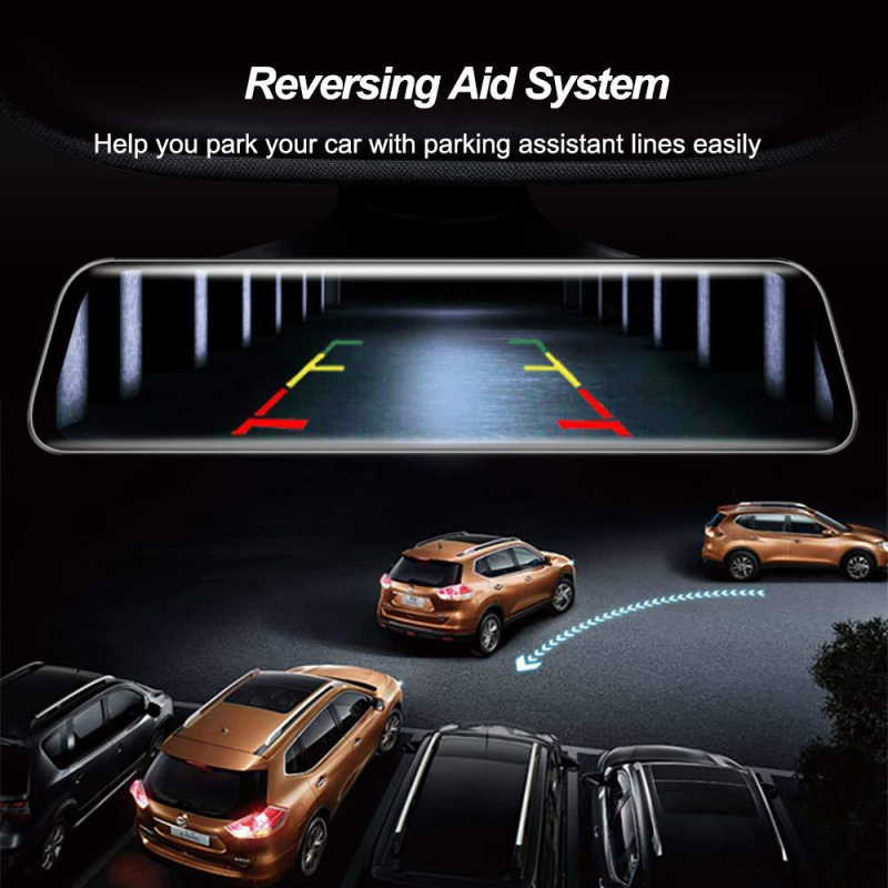 10-инчов видеорекордер за задното виждане в автомобилното огледало с двойни лещи отпред и отзад, 1080p HD видео, 170° зрително поле, цикличен запис и мониторинг на паркиране