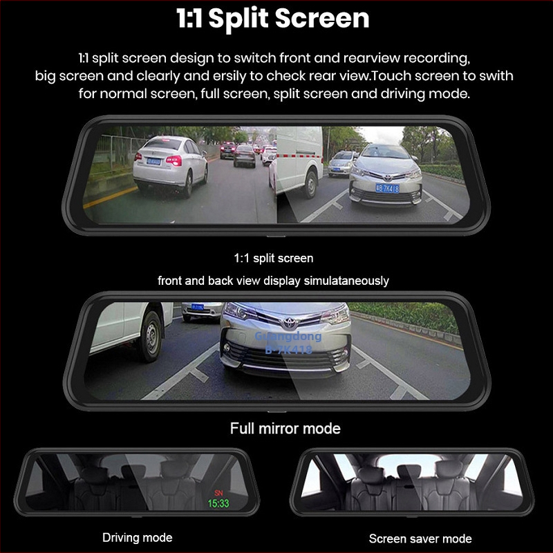 10-palcový dash cam pre spätné zrkadlo s dvojitým objektívom, predný a zadný, 1080p HD video, 170° uhol záberu, slučkové nahrávanie a monitorovanie parkovania