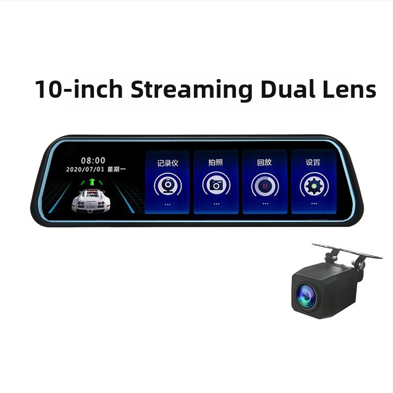 10-palcový dash cam pre spätné zrkadlo s dvojitým objektívom, predný a zadný, 1080p HD video, 170° uhol záberu, slučkové nahrávanie a monitorovanie parkovania