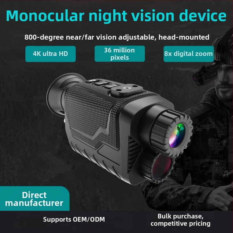 Nošiva infracrvena noćna vizija, monokular, 4K fotografije/video, 7–8x povećanje, 30 mm objektiv, IP54