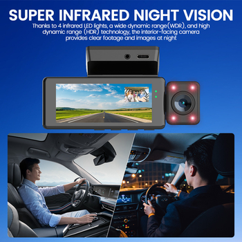 Автомобилен видеорегистратор с три камери (предна, задна и вътрешна) – Wi‑Fi, GPS, 150° ъгъл на виждане, 1080p видео, цикличен запис