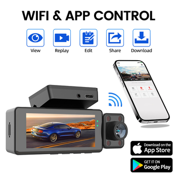 Автомобилен видеорегистратор с три камери (предна, задна и вътрешна) – Wi‑Fi, GPS, 150° ъгъл на виждане, 1080p видео, цикличен запис