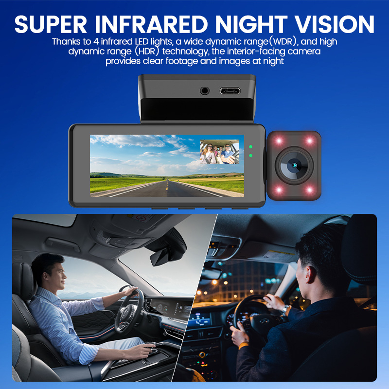 Автомобилен видеорегистратор с три камери (предна, задна и вътрешна) – Wi‑Fi, GPS, 150° ъгъл на виждане, 1080p видео, цикличен запис