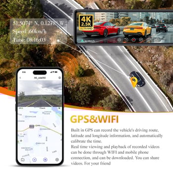 Dvojno-objektivni DVR za retrovizor: prednji 4K, stražnji 2.5K, Wi‑Fi GPS, noćni vid, ADAS