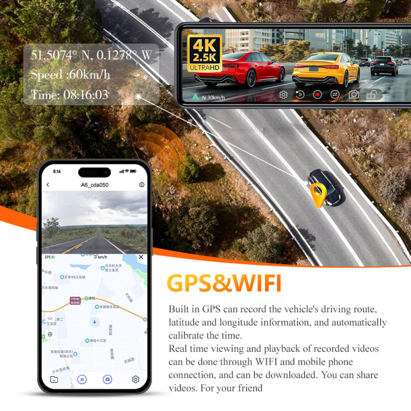 Dvojno-objektivni DVR za retrovizor: prednji 4K, stražnji 2.5K, Wi‑Fi GPS, noćni vid, ADAS