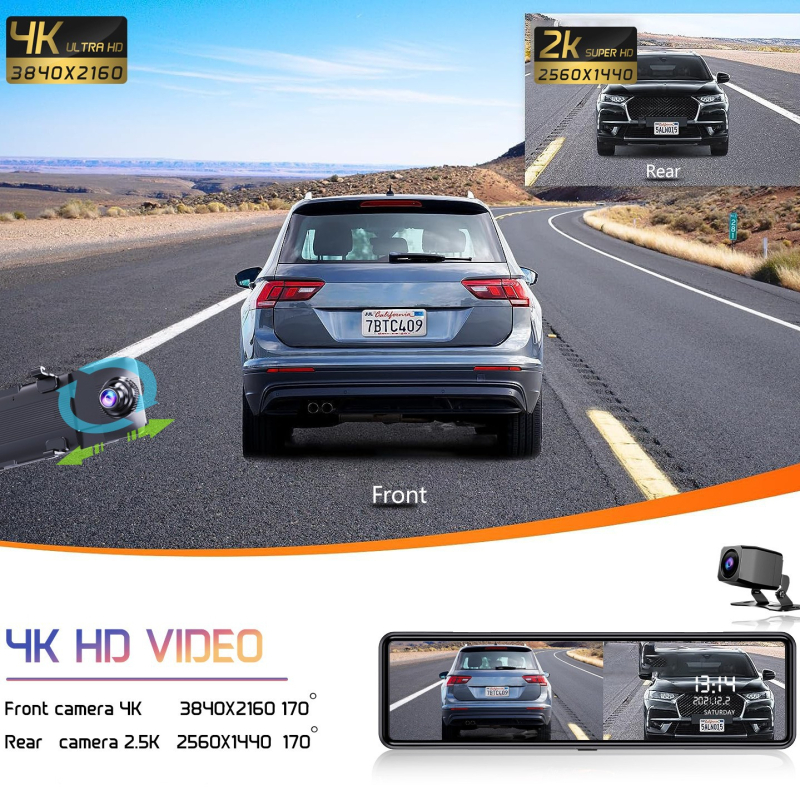 Dvojno-objektivni DVR za retrovizor: prednji 4K, stražnji 2.5K, Wi‑Fi GPS, noćni vid, ADAS
