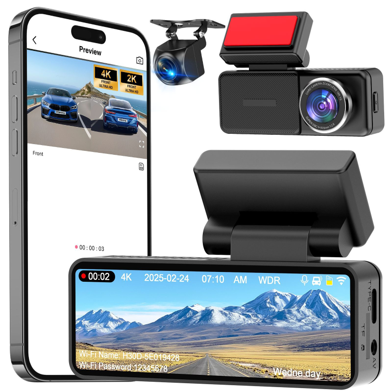 Κάμερα οδήγησης με διπλό φακό εμπρός-πίσω - 4K ανάλυση, Wi-Fi, νυχτερινή όραση, οπτικό πεδίο 170°