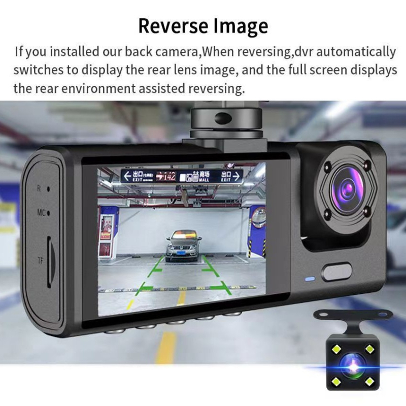 Dash cam τριών φακών με HD νυχτερινή όραση, τοποθέτηση στον καθρέφτη οπισθοπορείας, 160° πεδίο θέασης, κυκλική καταγραφή, Wi-Fi