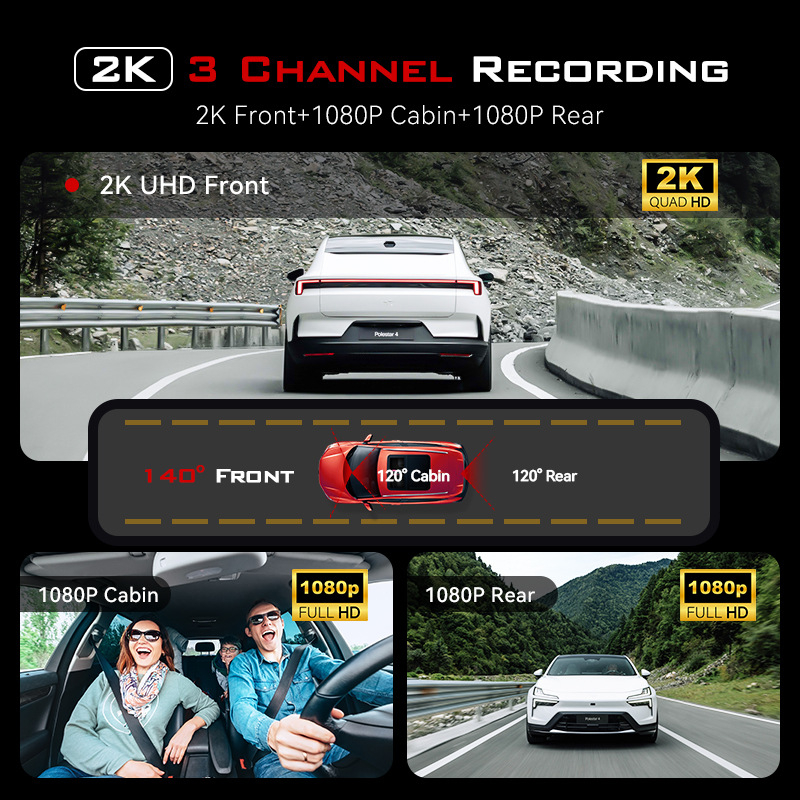 Auto DVR s tri leće širokog kuta, 1080p, 170°, Wi-Fi, noćni vid, ciklično snimanje