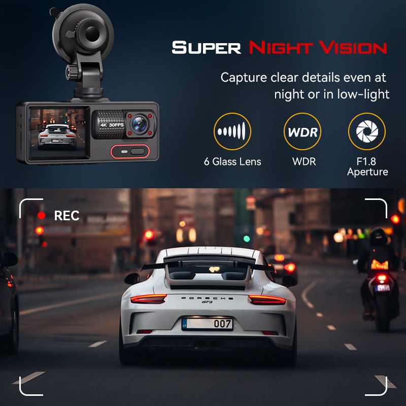 Auto DVR s tri leće širokog kuta, 1080p, 170°, Wi-Fi, noćni vid, ciklično snimanje