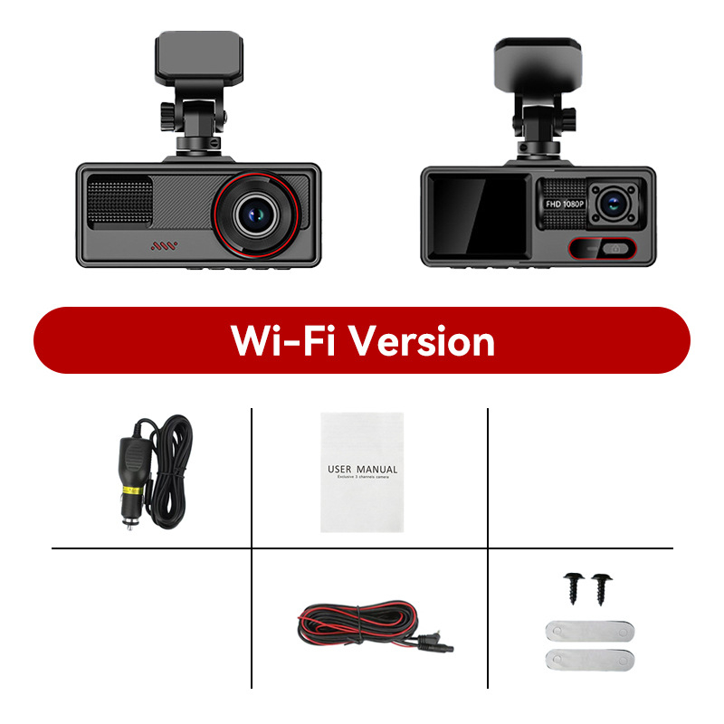 Auto DVR s tri leće širokog kuta, 1080p, 170°, Wi-Fi, noćni vid, ciklično snimanje