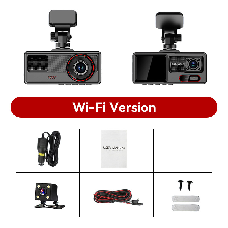 Auto DVR s tri leće širokog kuta, 1080p, 170°, Wi-Fi, noćni vid, ciklično snimanje