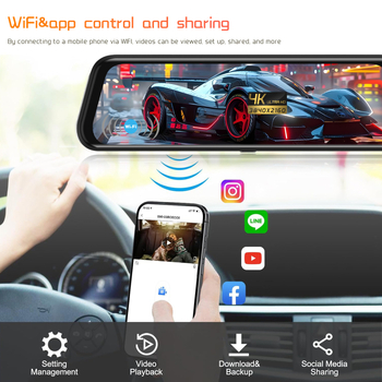 Dash cam pentru oglinda retrovizoare, înregistrare duală: față 4K / spate 2.5K, unghi de cuprindere 170°, Viziune de noapte îmbunătățită, ADAS, Wi‑Fi