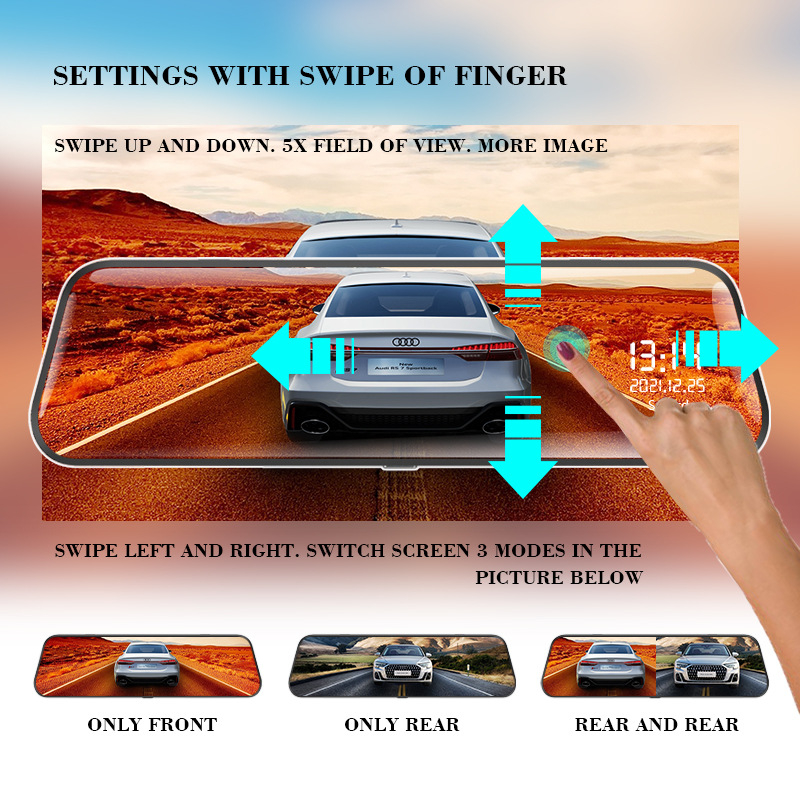 Dash cam pentru oglinda retrovizoare, înregistrare duală: față 4K / spate 2.5K, unghi de cuprindere 170°, Viziune de noapte îmbunătățită, ADAS, Wi‑Fi