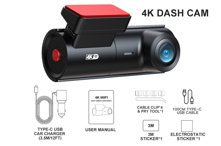 4K autós DVR Wi‑Fi-vel, parkolási felügyelet, 170° látószög, 256 GB memória