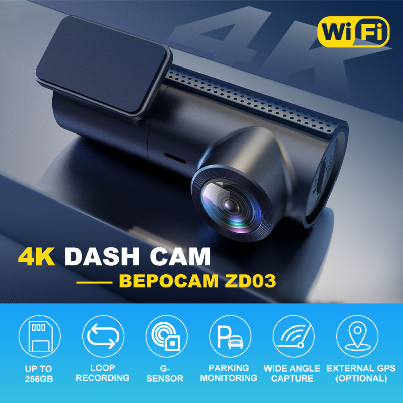 4K autós DVR Wi‑Fi-vel, parkolási felügyelet, 170° látószög, 256 GB memória