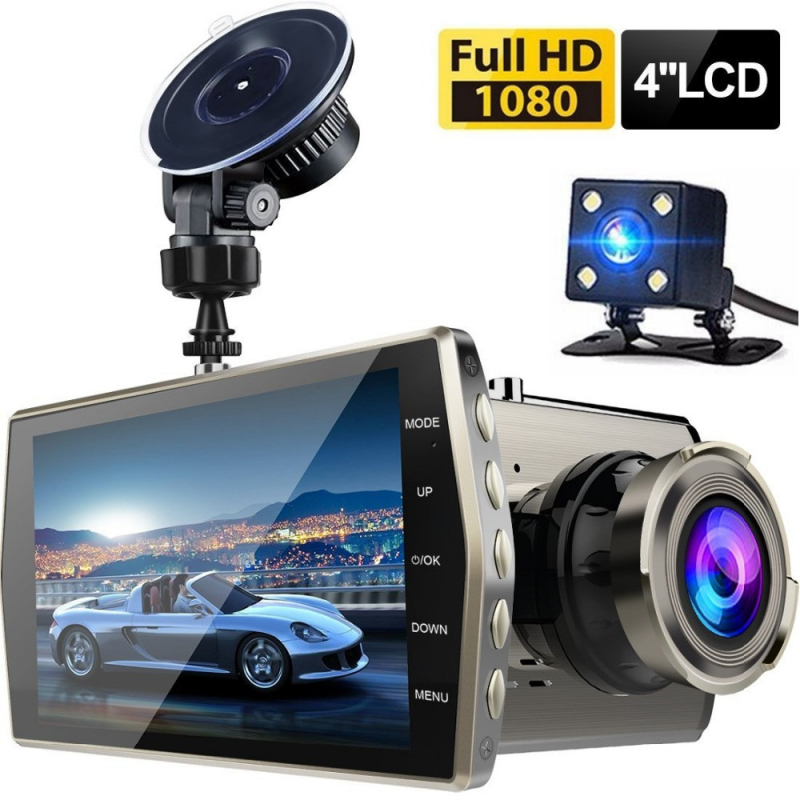 Automobilska kamera s metalnim kućištem, 4-inčni zaslon, 1080p snimanje prednje i stražnje kamere, noćni način i prikaz parkiranja