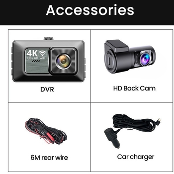 Κάμερα καταγραφής αυτοκινήτου με διπλό μπροστά-πίσω καταγραφή, 4K, νυχτερινή όραση, WiFi, γωνία θέασης 140°