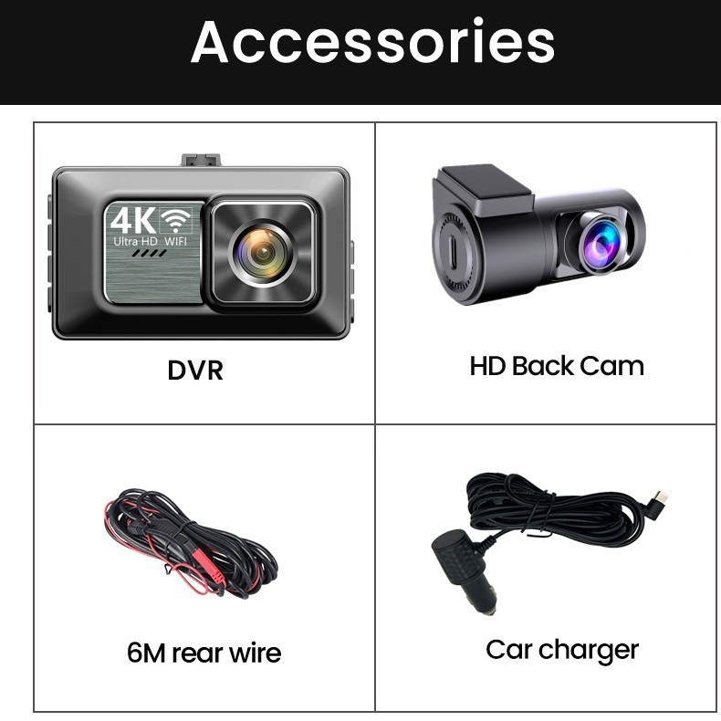 Κάμερα καταγραφής αυτοκινήτου με διπλό μπροστά-πίσω καταγραφή, 4K, νυχτερινή όραση, WiFi, γωνία θέασης 140°