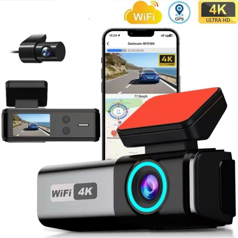 Dash cam 4K με διπλό φακό (εμπρός-πίσω), WiFi GPS, HiSilicon, γωνία προβολής 170°, κυκλική εγγραφή έως 128GB microSD, USB/AV
